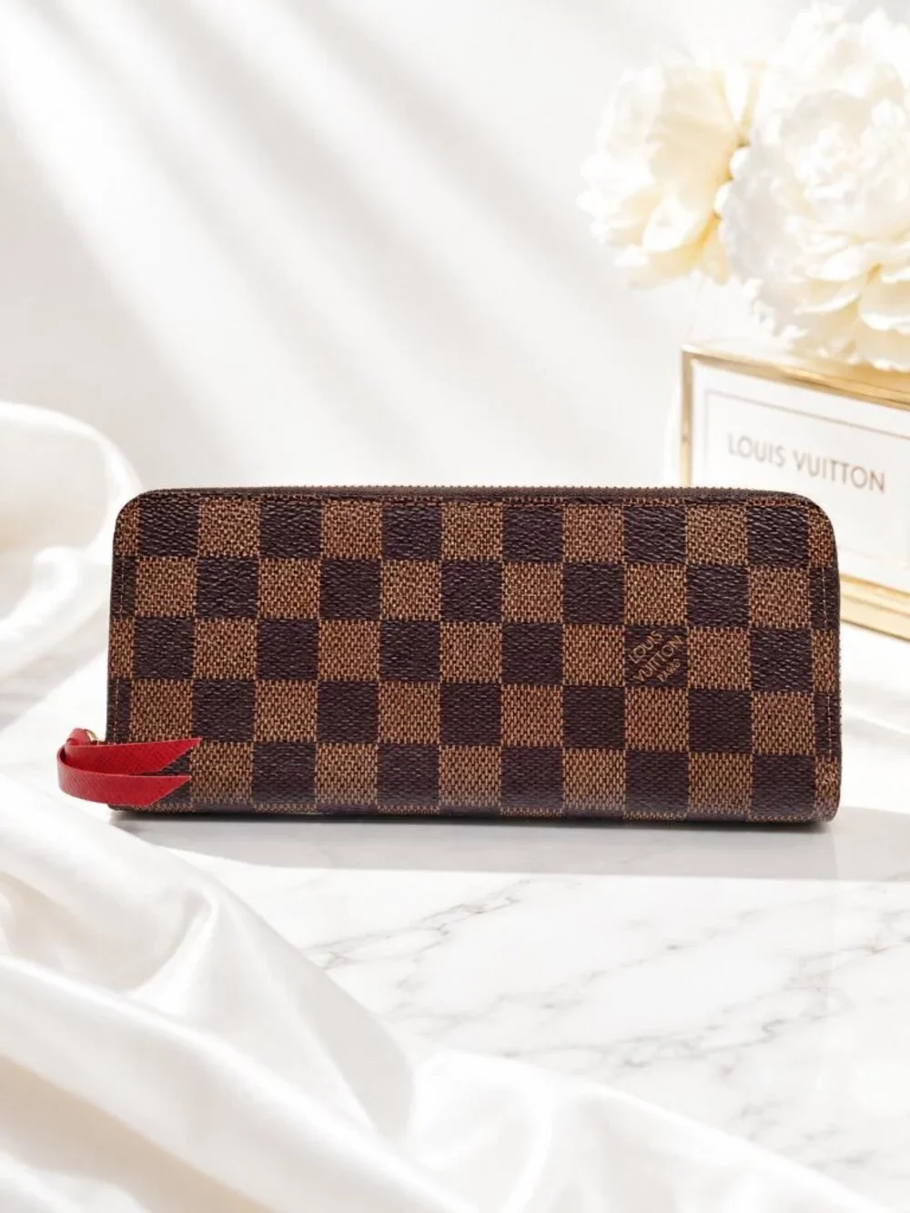 Authentic Louis Vuitton Damier Ebene Zippy Wallet Red Interior